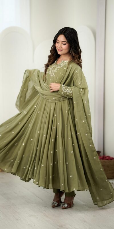 JF 056 Sage Green Faux Georgette Salwar Suit with Mirror Work & Embroidery Work. Get it for ₹2349. Delivery 4-6 Working Days. Shop now. | Casual Suits, Jump Suits, Creative suits, Designer Suits, Palazzo Suits, Party Wear Suits, Patiala Suits, Salwar suit, Straight Suits