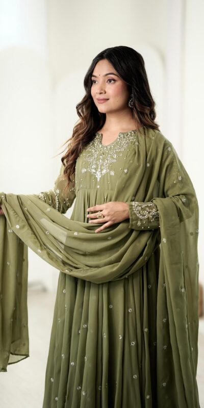JF 056 Sage Green Faux Georgette Salwar Suit with Mirror Work & Embroidery Work. Get it for ₹2349. Delivery 4-6 Working Days. Shop now. | Casual Suits, Jump Suits, Creative suits, Designer Suits, Palazzo Suits, Party Wear Suits, Patiala Suits, Salwar suit, Straight Suits