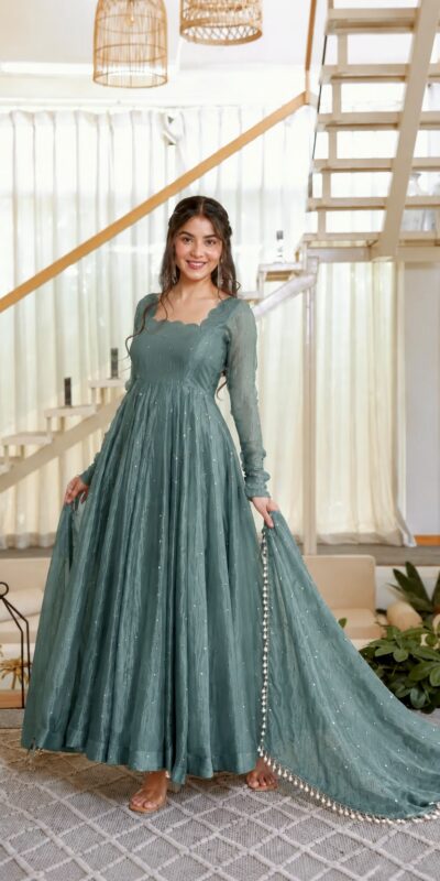 KD 1641 Teal in Salsa Silk Embroidery Work & Sequins Work Gown . Get it for ₹2899. Delivery 4-6 Working Days. Online Shop now. | Bollywood Gowns, Creative Gowns, Designer Gowns, Embroidered Gowns, Gowns, Party Wear Gowns