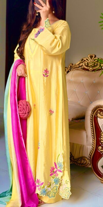 MF 544 Yellow Ho Silk Salwar Suit with Sequins Work & Embroidery Work. Grab it for ₹2349. Delivery 4-6 Working Days. Shop now. | Casual Suits, Jump Suits, Creative suits, Designer Suits, Palazzo Suits, Party Wear Suits, Patiala Suits, Salwar suit, Straight Suits