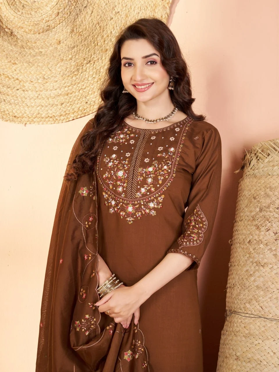 Alluring Brown Marina Silk Thread Work Salwar Suit - Image 4