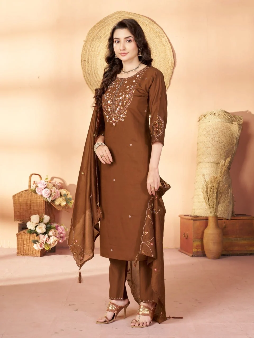 Alluring Brown Marina Silk Thread Work Salwar Suit - Image 3