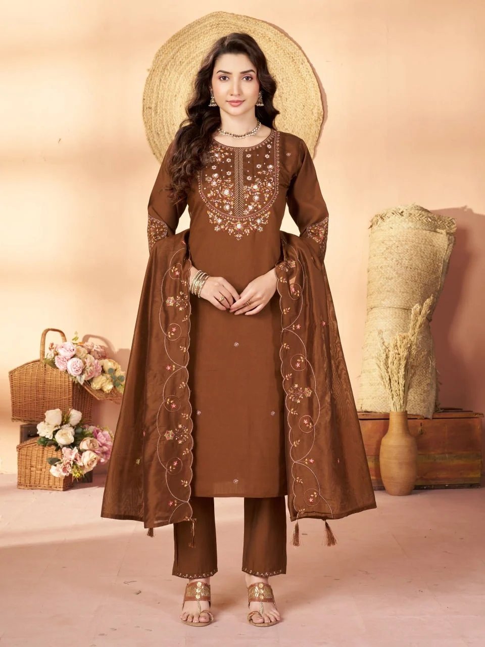 Alluring Brown Marina Silk Thread Work Salwar Suit