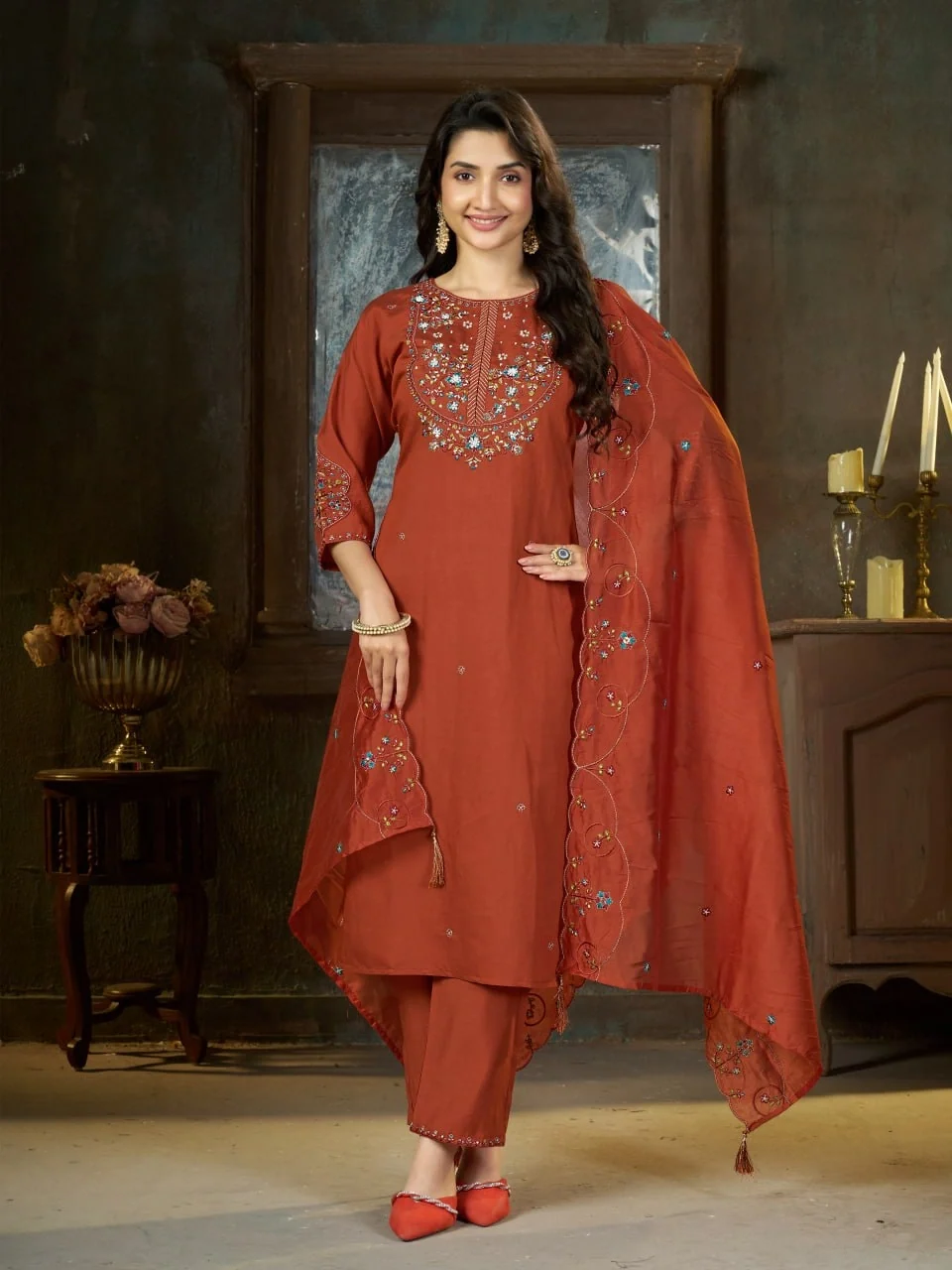 Alluring Rust Marina Silk Thread Work Salwar Suit - Image 2