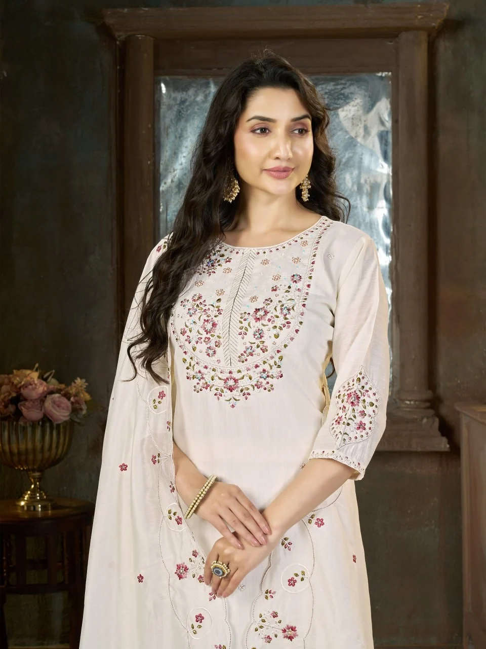 Alluring White Marina Silk Thread Work Salwar Suit - Image 4