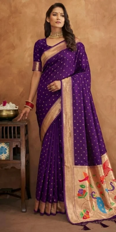 Alternative view of Elegant Purple Jamdani Cotton Silk Zari Butti Work Saree