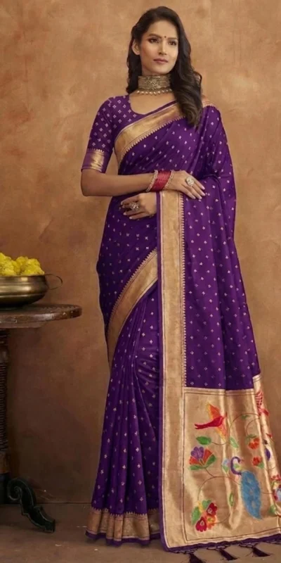 Elegant Purple Jamdani Cotton Silk Zari Butti Work Saree