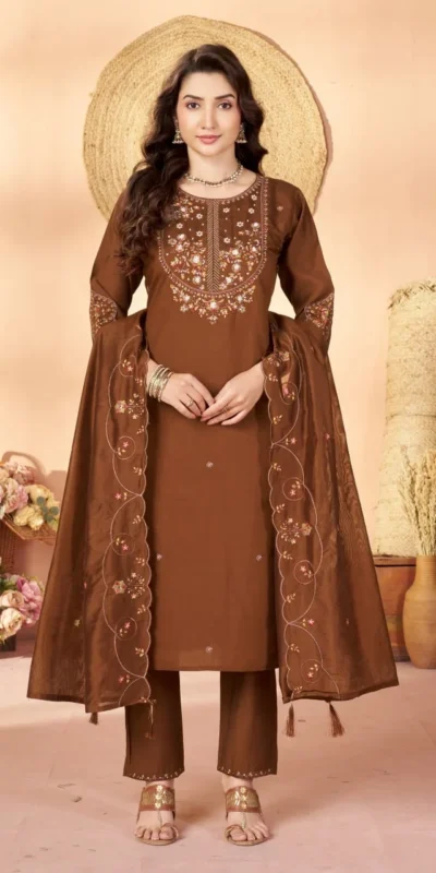 DIVA 177 Brown Thread Embroidery & Embroidery Work Salwar Suit in Brown Marina Silk. Now at just ₹2399. Delivery 4-6 Working Days. Shop now. | Casual Suits, Jump Suits, Creative suits, Designer Suits, Palazzo Suits, Party Wear Suits, Patiala Suits, Salwar suit, Straight Suits