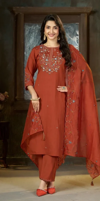DIVA 177 Rust Thread Embroidery & Embroidery Work Salwar Suit in Brown Marina Silk. Now at just ₹2399. Delivery 4-6 Working Days. Shop now. | Casual Suits, Jump Suits, Creative suits, Designer Suits, Palazzo Suits, Party Wear Suits, Patiala Suits, Salwar suit, Straight Suits