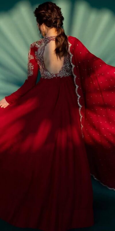 ST 1109 Red Chinon Gown. Perfect for Wedding, Party, Mehendi, Eid, Housewarming – Best Price ₹2149. Delivery 4-6 Working Days. Shop now. | Bollywood Gowns, Creative Gowns, Designer Gowns, Embroidered Gowns, Gowns, Party Wear Gowns