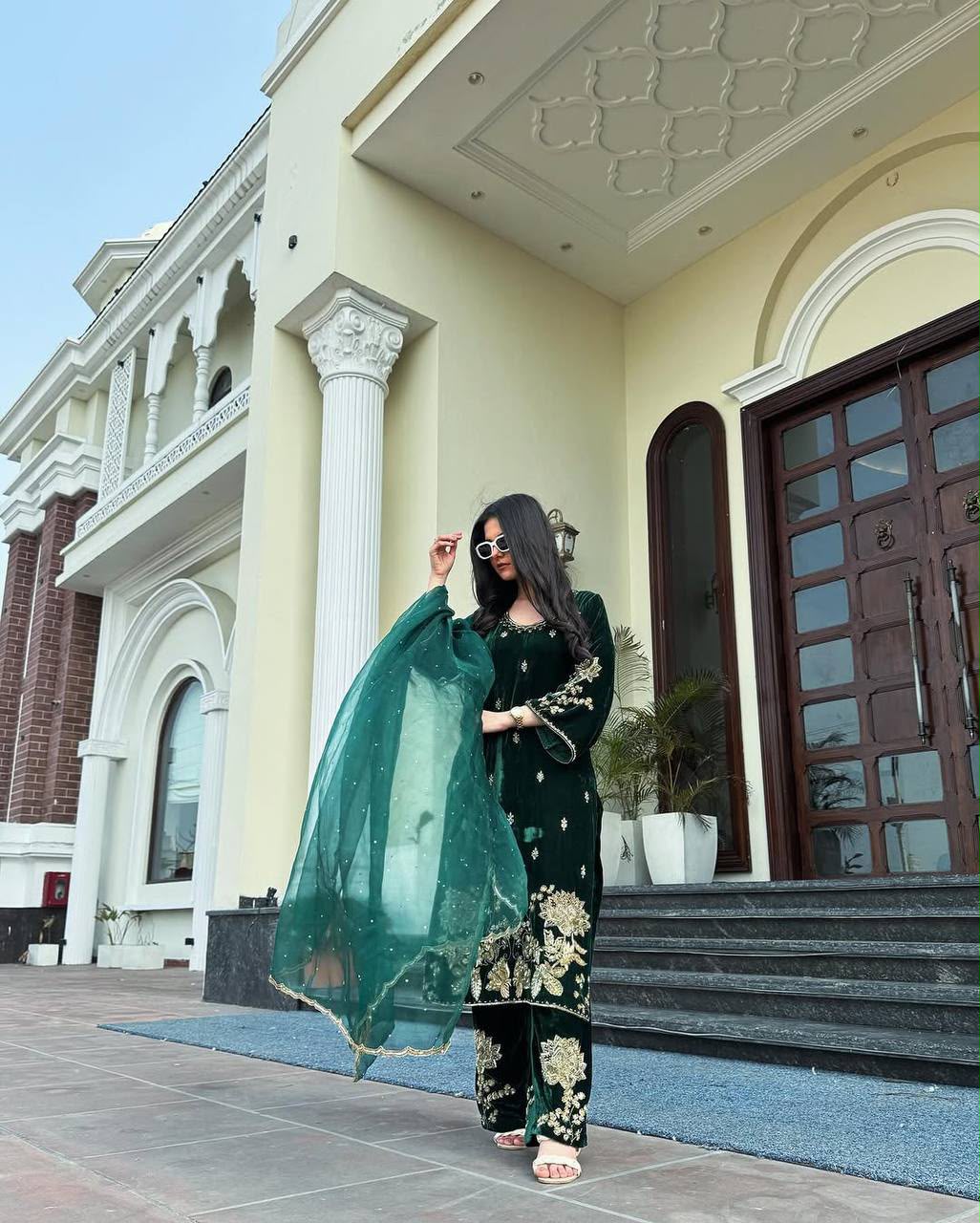 Lovely Green Viscose Velvet Embroider Work Salwar Suit - Image 3