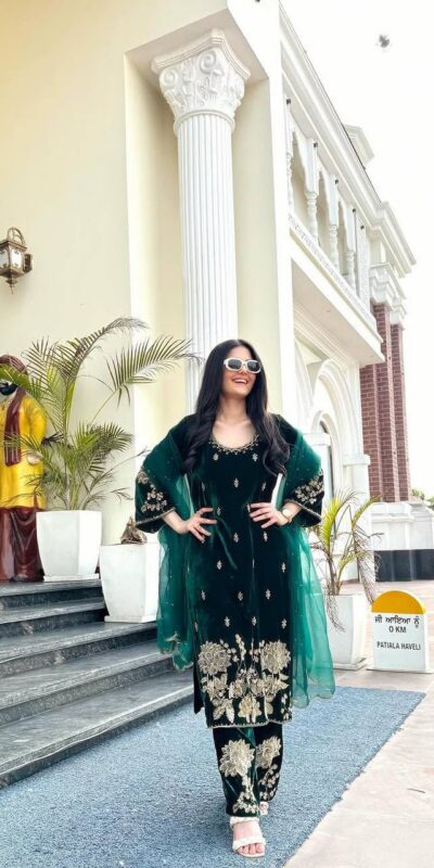 ND 5028 Green Viscose Velvet Salwar Suit with Embroidery Work & Lace Work. Grab it for ₹2349. Delivery 4-6 Working Days. Shop now. | Casual Suits, Jump Suits, Creative suits, Designer Suits, Palazzo Suits, Party Wear Suits, Patiala Suits, Salwar suit, Straight Suits