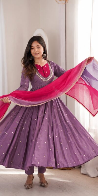 ZF 5023 Lavender Roman Silk Gown with Mirror Work & Embroidery Work. Special Price ₹2099. Delivery 4-6 Working Days. Shop now. | Bollywood Gowns, Creative Gowns, Designer Gowns, Embroidered Gowns, Gowns, Party Wear Gowns