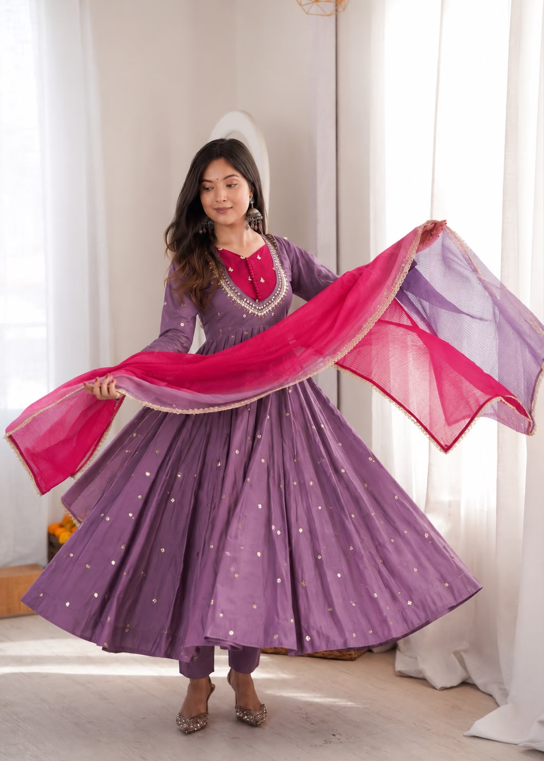 ZF 5023 Lavender Roman Silk Gown with Mirror Work & Embroidery Work. Special Price ₹2099. Delivery 4-6 Working Days. Shop now. | Bollywood Gowns, Creative Gowns, Designer Gowns, Embroidered Gowns, Gowns, Party Wear Gowns