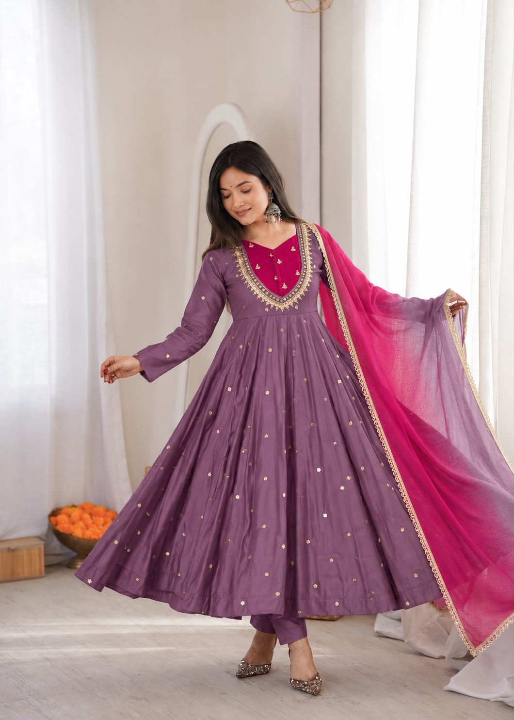 ZF 5023 Lavender Roman Silk Gown with Mirror Work & Embroidery Work. Special Price ₹2099. Delivery 4-6 Working Days. Shop now. | Bollywood Gowns, Creative Gowns, Designer Gowns, Embroidered Gowns, Gowns, Party Wear Gowns