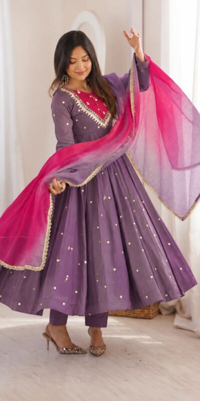 ZF 5023 Lavender Roman Silk Gown with Mirror Work & Embroidery Work. Special Price ₹2099. Delivery 4-6 Working Days. Shop now. | Bollywood Gowns, Creative Gowns, Designer Gowns, Embroidered Gowns, Gowns, Party Wear Gowns