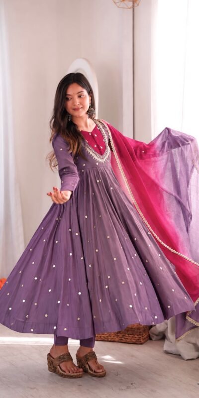 ZF 5023 Lavender Roman Silk Gown with Mirror Work & Embroidery Work. Special Price ₹2099. Delivery 4-6 Working Days. Shop now. | Bollywood Gowns, Creative Gowns, Designer Gowns, Embroidered Gowns, Gowns, Party Wear Gowns