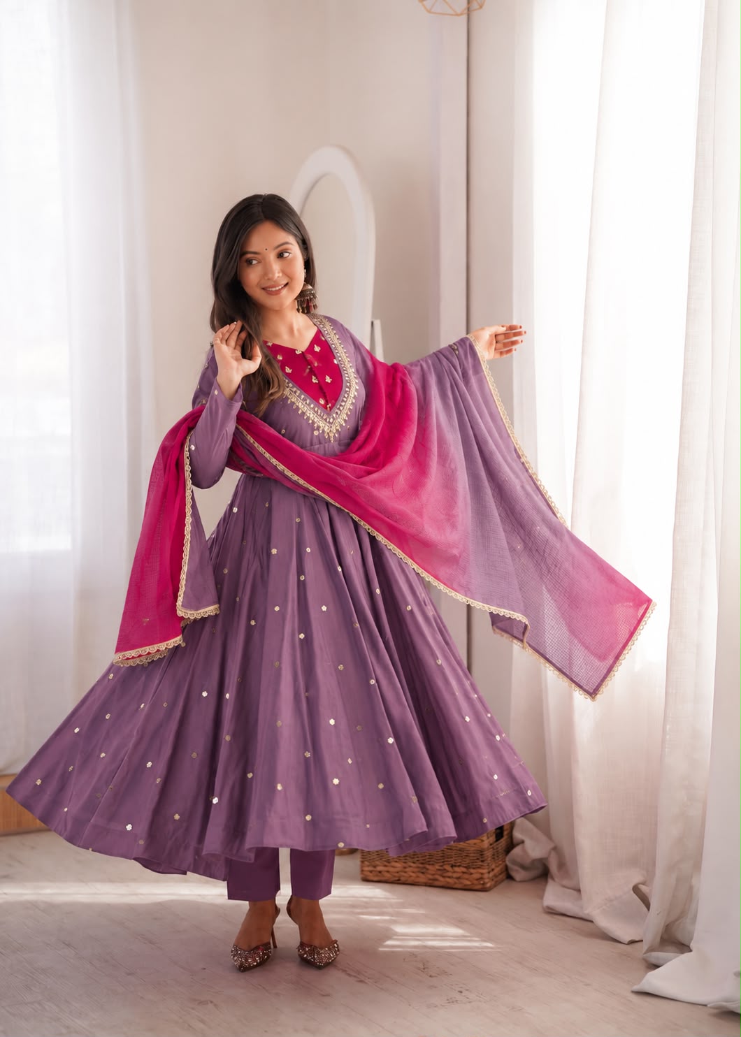 ZF 5023 Lavender Roman Silk Gown with Mirror Work & Embroidery Work. Special Price ₹2099. Delivery 4-6 Working Days. Shop now. | Bollywood Gowns, Creative Gowns, Designer Gowns, Embroidered Gowns, Gowns, Party Wear Gowns