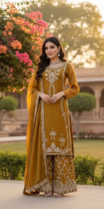 KD 1579 Mustered Zimmy Silk Salwar Suit Perfect for Wedding, Party, Karwa Chauth, Haldi, Eid – . Special Price ₹2099. Delivery 4-6 Working Days. Shop no | Casual Suits, Jump Suits, Creative suits, Designer Suits, Palazzo Suits, Party Wear Suits, Patiala Suits, Salwar suit, Straight Suits