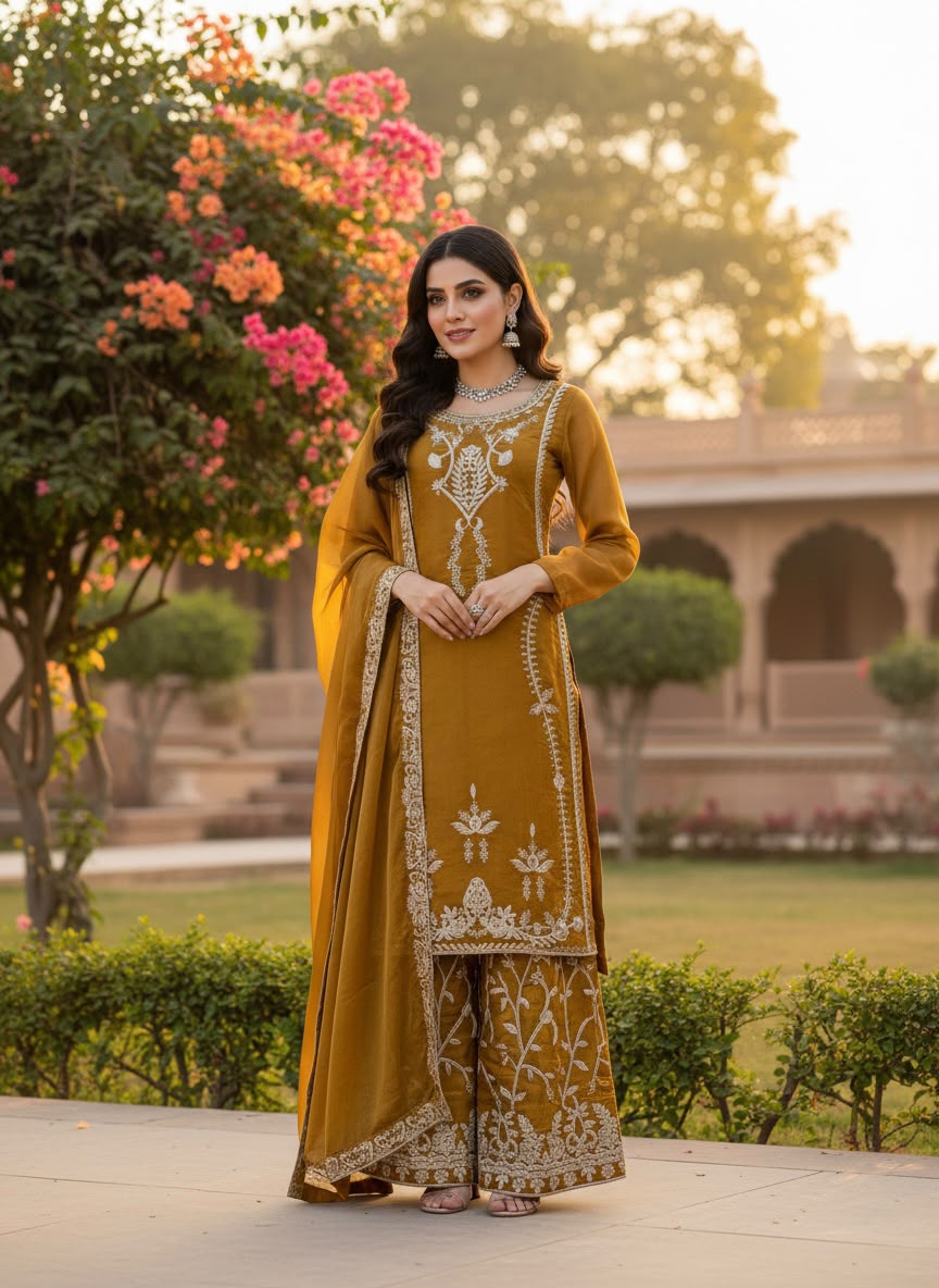 KD 1579 Mustered Zimmy Silk Salwar Suit Perfect for Wedding, Party, Karwa Chauth, Haldi, Eid – . Special Price ₹2099. Delivery 4-6 Working Days. Shop no | Casual Suits, Jump Suits, Creative suits, Designer Suits, Palazzo Suits, Party Wear Suits, Patiala Suits, Salwar suit, Straight Suits