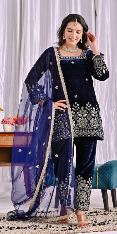 MD 3072 Navy Blue Viscose Velvet Salwar Suit with Embroidery Work & Lace Work. Grab it for ₹2399. Delivery 4-6 Working Days. Shop now. | Casual Suits, Jump Suits, Creative suits, Designer Suits, Palazzo Suits, Party Wear Suits, Patiala Suits, Salwar suit, Straight Suits