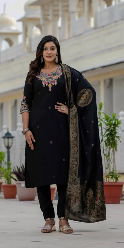 DIVA 121 Black Roman Silk Salwar Suit with Sequins Work & Embroidery Work. Available at ₹1899 only. Delivery 4-6 Working Days. Shop now. | Casual Suits, Jump Suits, Creative suits, Designer Suits, Palazzo Suits, Party Wear Suits, Patiala Suits, Salwar suit, Straight Suits