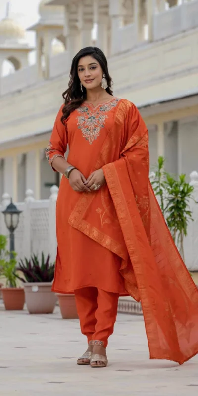 DIVA 121 Orange Roman Silk Salwar Suit with Sequins Work & Embroidery Work. Available at ₹1899 only. Delivery 4-6 Working Days. Shop now. | Casual Suits, Jump Suits, Creative suits, Designer Suits, Palazzo Suits, Party Wear Suits, Patiala Suits, Salwar suit, Straight Suits