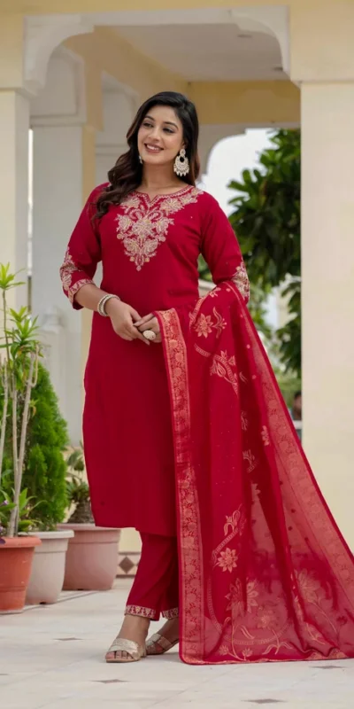 DIVA 121 Red Roman Silk Salwar Suit with Sequins Work & Embroidery Work. Available at ₹1899 only. Delivery 4-6 Working Days. Shop now. | Casual Suits, Jump Suits, Creative suits, Designer Suits, Palazzo Suits, Party Wear Suits, Patiala Suits, Salwar suit, Straight Suits