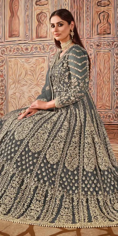FC 2701 Grey Sequins Work & Embroidery Work Salwar Suitin Peach Butterfly Net. Grab it for ₹3149. Delivery 4-6 Working Days. Shop now. | Casual Suits, Jump Suits, Creative suits, Designer Suits, Palazzo Suits, Party Wear Suits, Patiala Suits, Salwar suit, Straight Suits