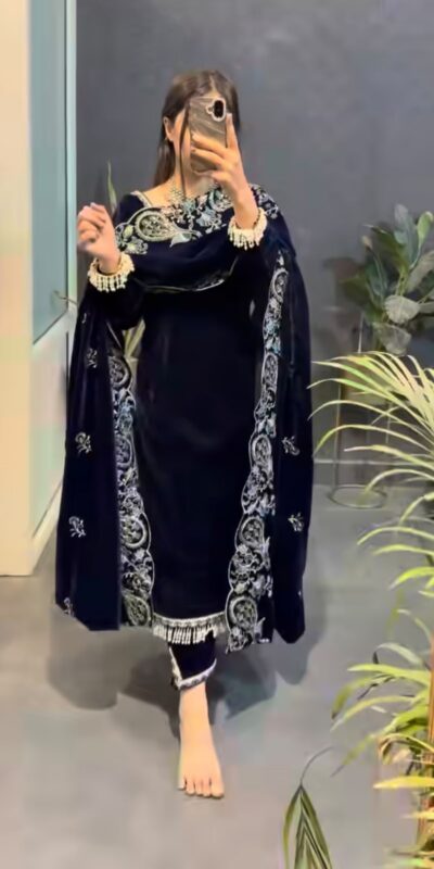 MF 486 Navy Blue Viscose Velvet Salwar Suit with Embroidery Work & Lace Work. Grab it for ₹2349. Delivery 4-6 Working Days. Shop now. | Casual Suits, Jump Suits, Creative suits, Designer Suits, Palazzo Suits, Party Wear Suits, Patiala Suits, Salwar suit, Straight Suits
