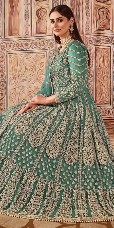 FC 2701 Sea Green Sequins Work & Embroidery Work Salwar Suitin Peach Butterfly Net. Grab it for ₹3149. Delivery 4-6 Working Days. Shop now. | Casual Suits, Jump Suits, Creative suits, Designer Suits, Palazzo Suits, Party Wear Suits, Patiala Suits, Salwar suit, Straight Suits