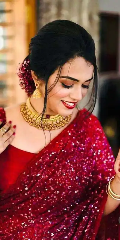 KF 1203 Red Saree Fabrics : Georgette Saree Work : Heavy Sequence Blouse Fabrics : Georgette With Silk Inner Work : Sequence Work Sleeves  | Bollywood Sarees, Designer Sarees, Embroidered Sarees, Party Wear Sarees, Sarees