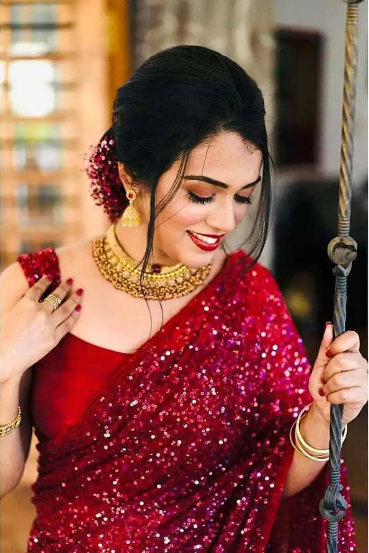 KF 1203 Red Saree Fabrics : Georgette Saree Work : Heavy Sequence Blouse Fabrics : Georgette With Silk Inner Work : Sequence Work Sleeves  | Bollywood Sarees, Designer Sarees, Embroidered Sarees, Party Wear Sarees, Sarees