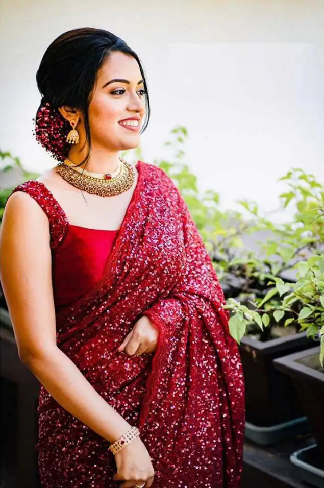 KF 1203 Red Saree Fabrics : Georgette Saree Work : Heavy Sequence Blouse Fabrics : Georgette With Silk Inner Work : Sequence Work Sleeves  | Bollywood Sarees, Designer Sarees, Embroidered Sarees, Party Wear Sarees, Sarees