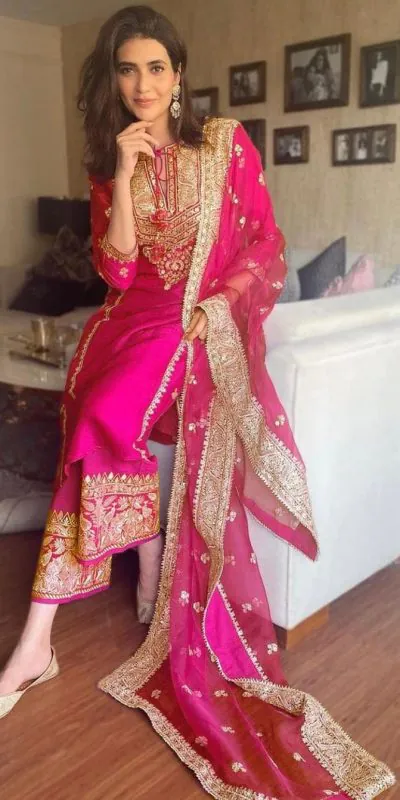 Beautiful Karishma Tanna Pink Taffeta Embroidery Salwar Suit