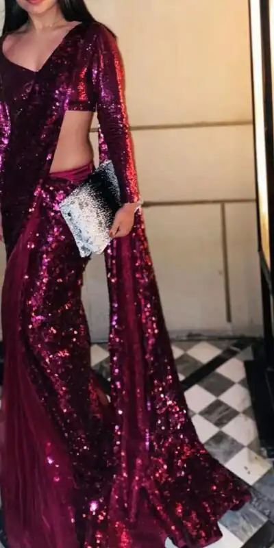 L1264G Dark Purple Saree And Blouse: Fancy Rangoli Silk Work: Sequence With Embroidery Work Party, Wedding, Events Sequence Saree @2149 | Bollywood Sarees, Creative Sarees, Designer Sarees, Embroidered Sarees, Ethnic Saree, Party Wear Sarees, Sarees