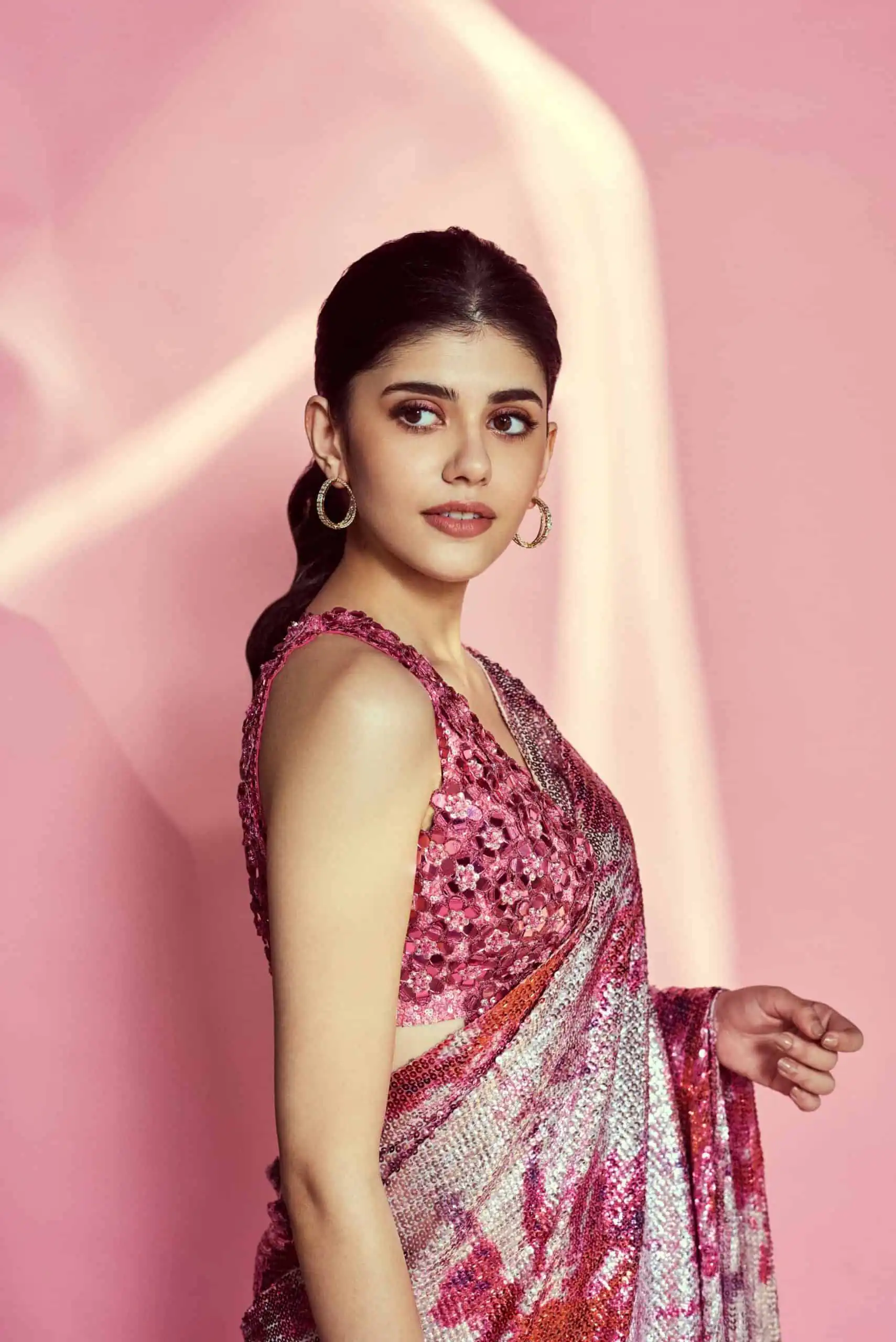 DF3173 Pink Saree : Light Weight Georgette Work : Heavy Digital Print Blouse: Georgette @1499 Sanjana Sanghi Pink Sequence Saree | Bollywood Sarees, Creative Sarees, Designer Sarees, Embroidered Sarees, Party Wear Sarees, Sarees