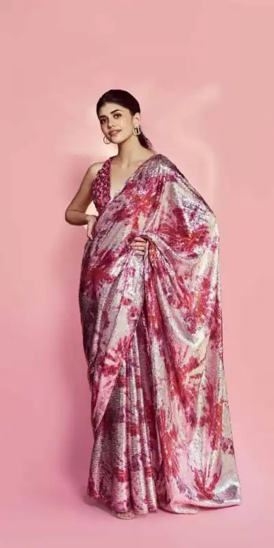 DF3173 Pink Saree : Light Weight Georgette Work : Heavy Digital Print Blouse: Georgette @1499 Sanjana Sanghi Pink Sequence Saree | Bollywood Sarees, Creative Sarees, Designer Sarees, Embroidered Sarees, Party Wear Sarees, Sarees