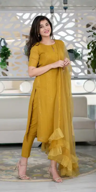 RTCKD 1040 Yellow Top: Heavy Rayon Dupatta: Net Work: Fancy Thread Embroidery Sequence Work Party, Wedding, Festive @1649/- Only | Casual Suits, Creative suits, Designer Suits, Party Wear Suits, Salwar suit, Straight Suits