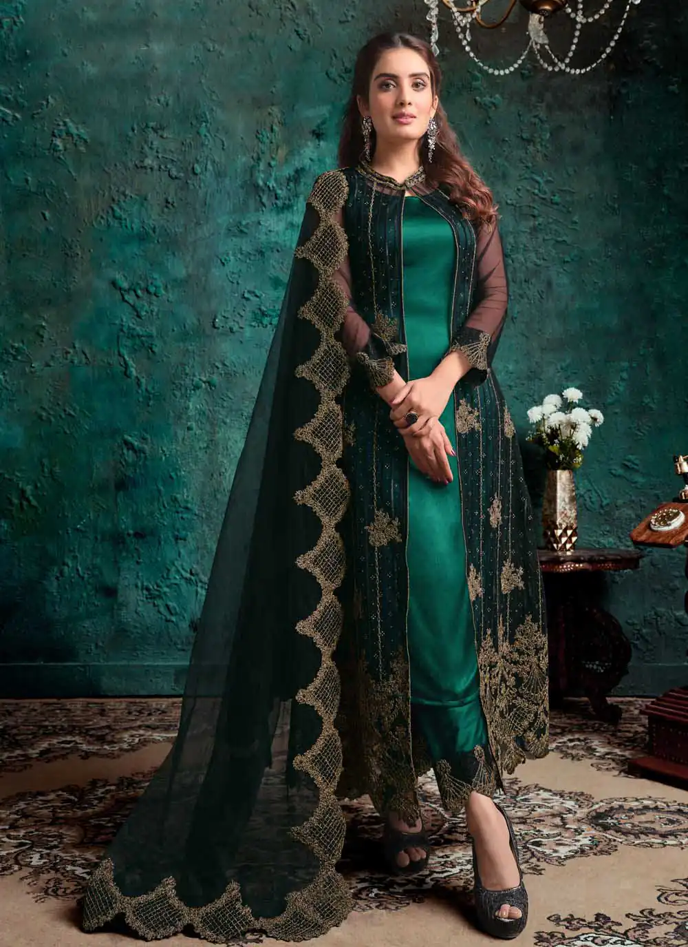 Vipul 4631 Green Top : Heavy Vaishnavi Net Bottom : Satin Dupatta : Vaishnavi Net Work : Heavy Embroidery Coding With Diamond Work @2599/- | Casual Suits, Creative suits, Designer Suits, Palazzo Suits, Party Wear Suits, Salwar suit, Straight Suits