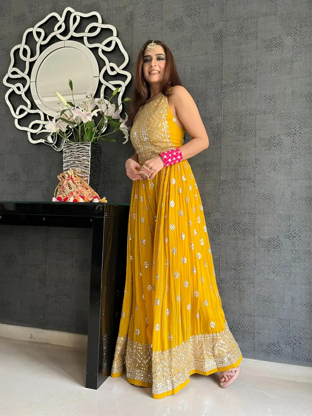 NSR 555 Yellow Jumpsuit : Heavy Faux Georgette Work : Heavy Embroidery With Sequin Work Flair : Each Leg 1.5 M Casual, Party @1699/- | Jump Suits, Casual Suits, Creative suits, Designer Suits, Palazzo Suits, Party Wear Suits, Salwar suit, Straight Suits