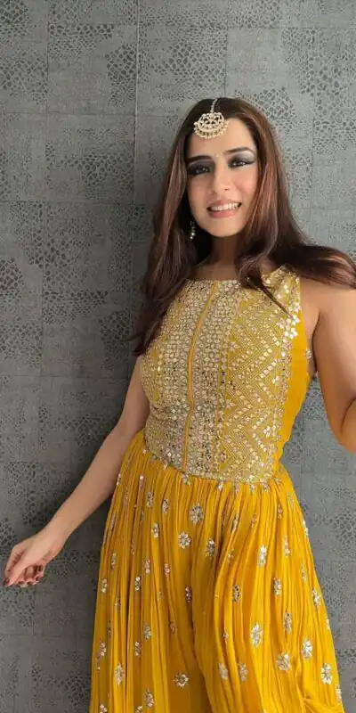 NSR 555 Yellow Jumpsuit : Heavy Faux Georgette Work : Heavy Embroidery With Sequin Work Flair : Each Leg 1.5 M Casual, Party @1699/- | Jump Suits, Casual Suits, Creative suits, Designer Suits, Palazzo Suits, Party Wear Suits, Salwar suit, Straight Suits