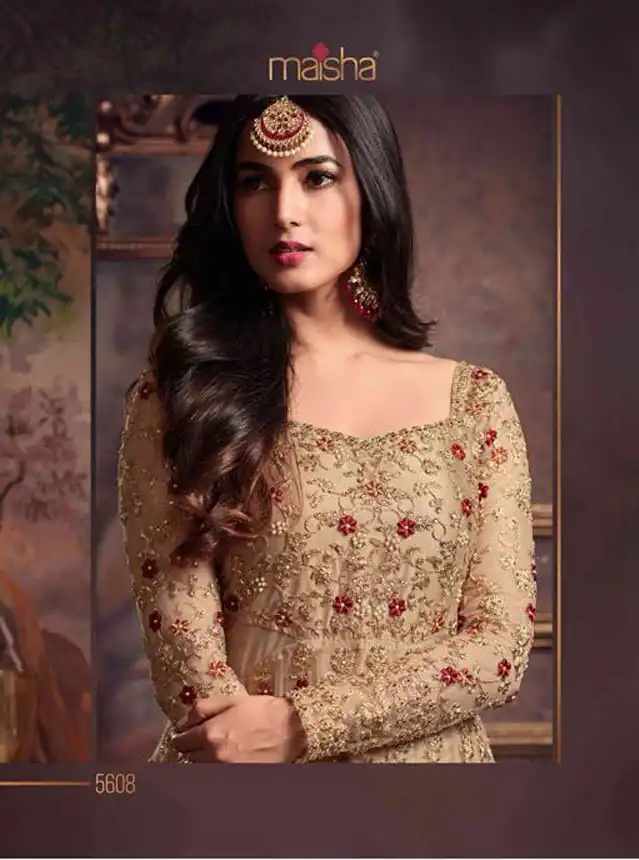 Maisha 5608 Cream Top : Heavy Net Work : Heavy Embroidery Coding With Diamond Work Bottom : Santoon Wedding, Party, Festive @3299/- | Anarkali Suits, Bollywood Anarkali, Creative-Anarkali, Designer Anarkali, Embroidered Anarkali, Party Wear Anarkali