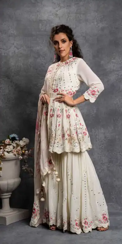 SR 1238 White Top : Heavy Fox Georgette Sharara : Fox Georgette Work : Heavy Embroidery With Real Mirror Work Wedding, Party @1849 Only | Casual Suits, Creative suits, Designer Suits, Palazzo Suits, Party Wear Suits, Salwar suit, Straight Suits