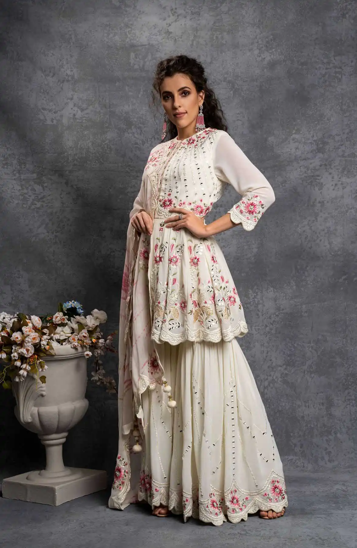 SR 1238 White Top : Heavy Fox Georgette Sharara : Fox Georgette Work : Heavy Embroidery With Real Mirror Work Wedding, Party @1849 Only | Casual Suits, Creative suits, Designer Suits, Palazzo Suits, Party Wear Suits, Salwar suit, Straight Suits