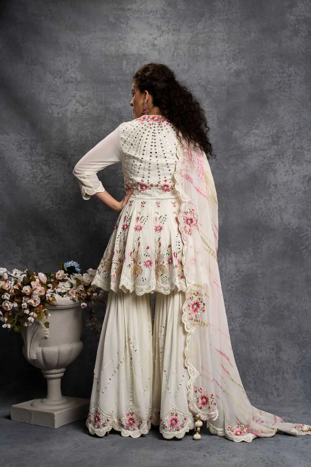 SR 1238 White Top : Heavy Fox Georgette Sharara : Fox Georgette Work : Heavy Embroidery With Real Mirror Work Wedding, Party @1849 Only | Casual Suits, Creative suits, Designer Suits, Palazzo Suits, Party Wear Suits, Salwar suit, Straight Suits