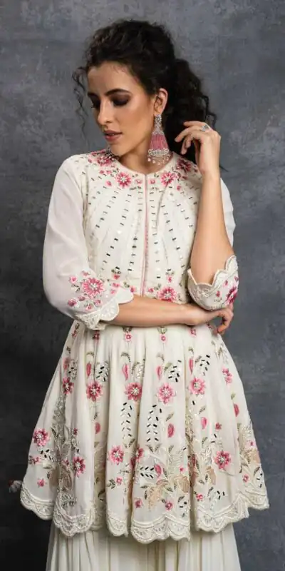 SR 1238 White Top : Heavy Fox Georgette Sharara : Fox Georgette Work : Heavy Embroidery With Real Mirror Work Wedding, Party @1849 Only | Casual Suits, Creative suits, Designer Suits, Palazzo Suits, Party Wear Suits, Salwar suit, Straight Suits