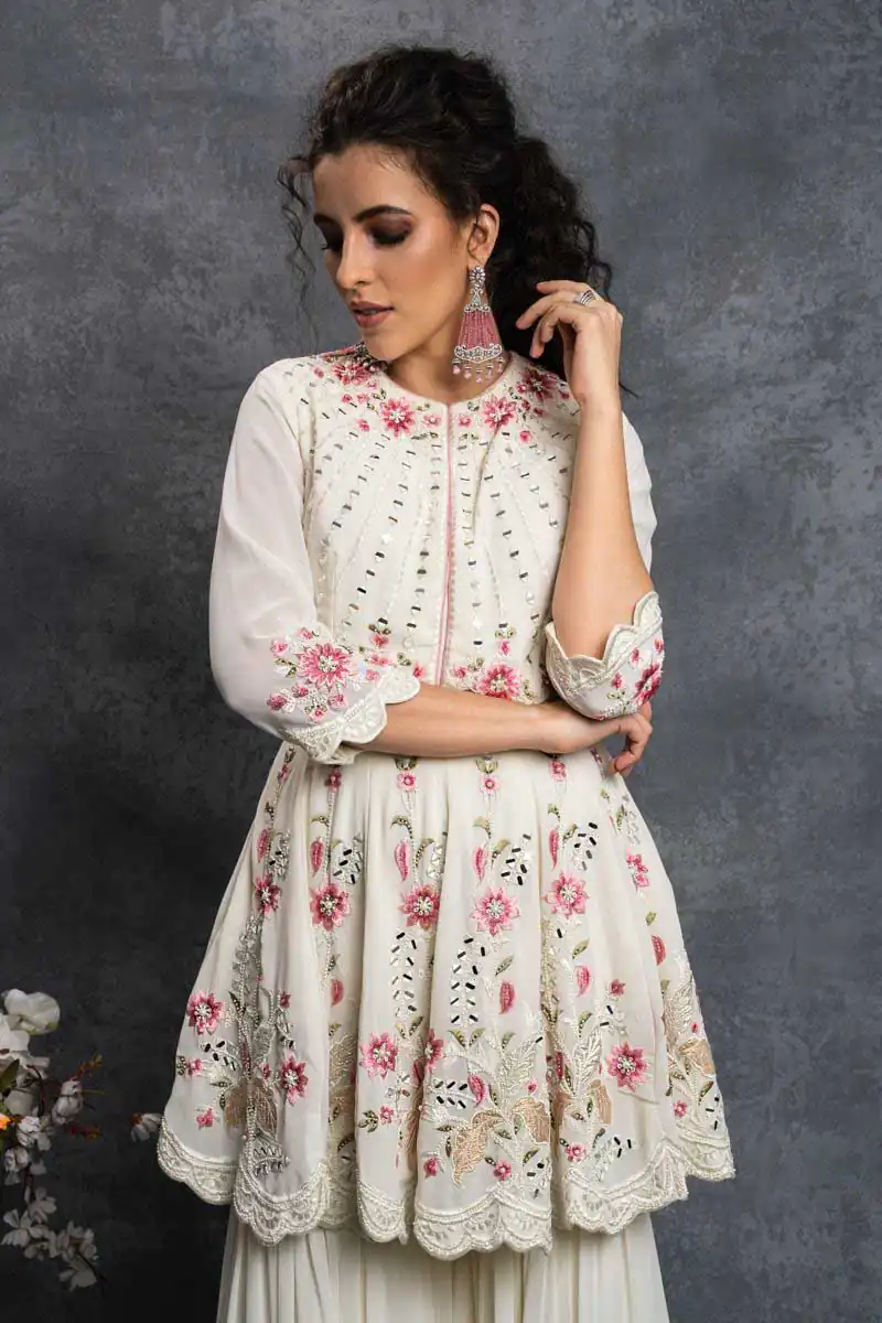 SR 1238 White Top : Heavy Fox Georgette Sharara : Fox Georgette Work : Heavy Embroidery With Real Mirror Work Wedding, Party @1849 Only | Casual Suits, Creative suits, Designer Suits, Palazzo Suits, Party Wear Suits, Salwar suit, Straight Suits