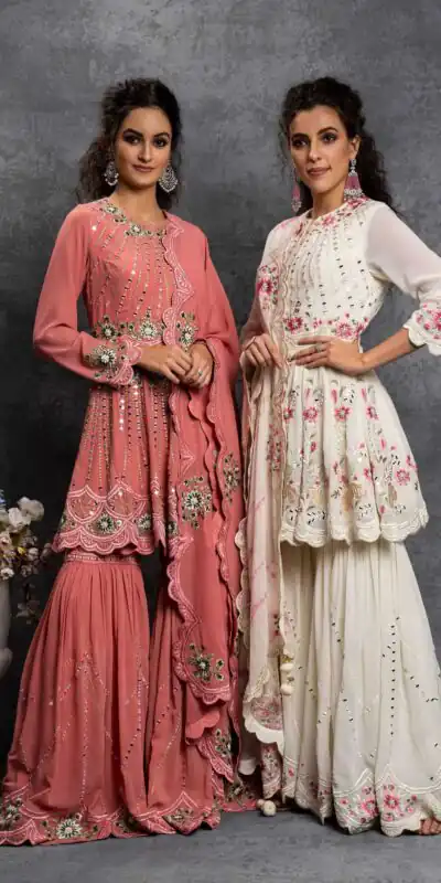 SR 1238 White Top : Heavy Fox Georgette Sharara : Fox Georgette Work : Heavy Embroidery With Real Mirror Work Wedding, Party @1849 Only | Casual Suits, Creative suits, Designer Suits, Palazzo Suits, Party Wear Suits, Salwar suit, Straight Suits