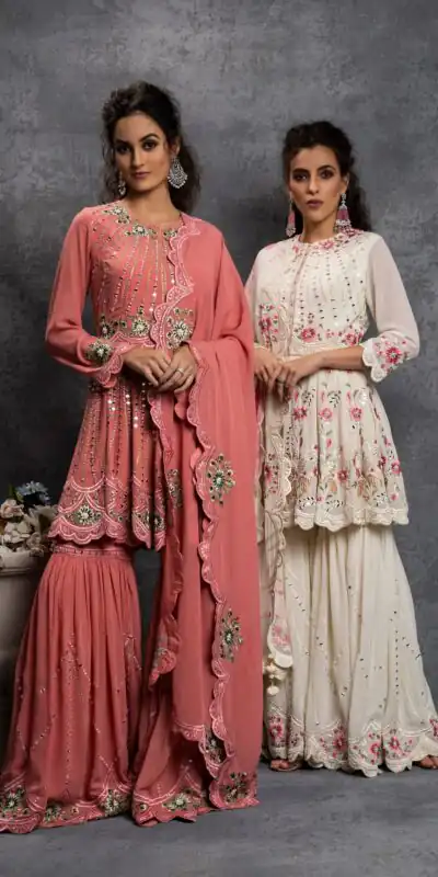 SR 1238 White Top : Heavy Fox Georgette Sharara : Fox Georgette Work : Heavy Embroidery With Real Mirror Work Wedding, Party @1849 Only | Casual Suits, Creative suits, Designer Suits, Palazzo Suits, Party Wear Suits, Salwar suit, Straight Suits